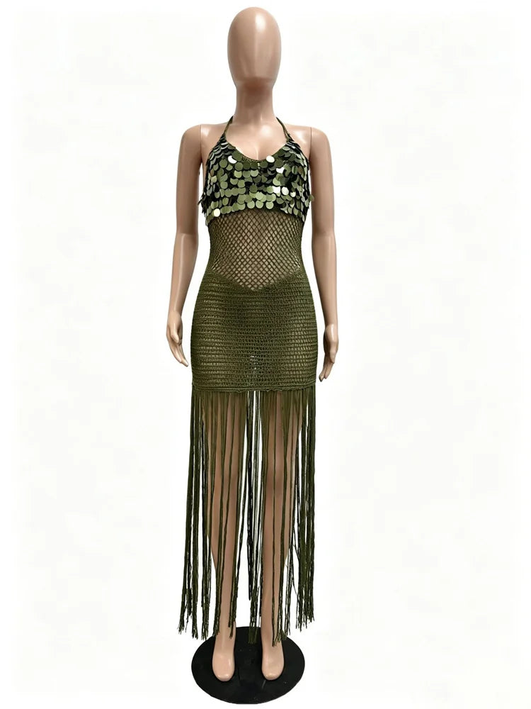 Sequin Knit Maxi Dress Women Hollow Long Tassel Halter Bandgae Low-Neck See Through Sleeveless Backless Vestidos