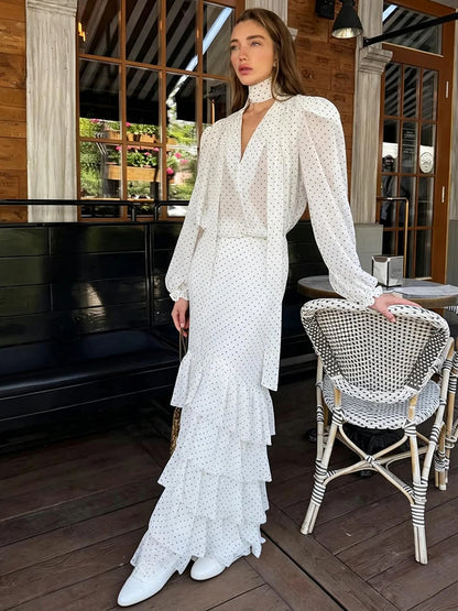 Elegant Polka Dot Print Mesh 2 Piece Set Women Trend Cross V-Neck Full Sleeve Tops+Ruffled Patchwork Skirt Party Suit