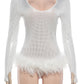 Low-Neck Full Sleeve Furry Patchwork Bodysuit Woman Autumn Trend Shiny Sequins Skinny Stretch Sexy Fashion Streetwear