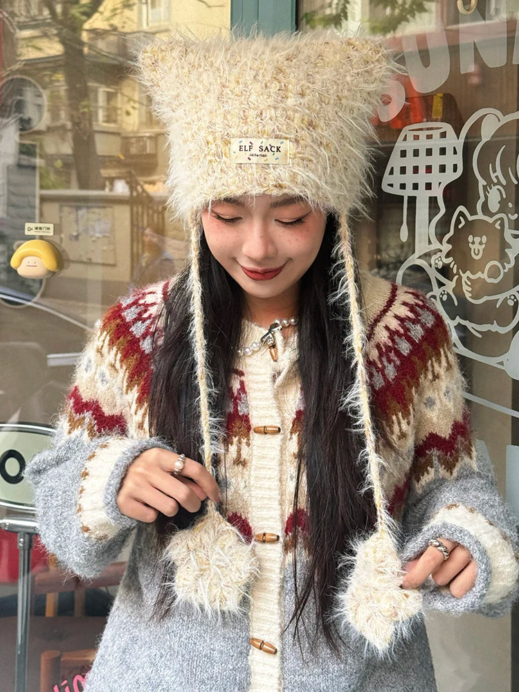 Cute Mohair Cat Ear Star Knit Beanie For Women
