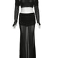 Sexy See Through 2 Piece Set Women Ruched Slash Neck Full Sleeve Crop Tops+Long Skirts Midnight Club Party Outfits