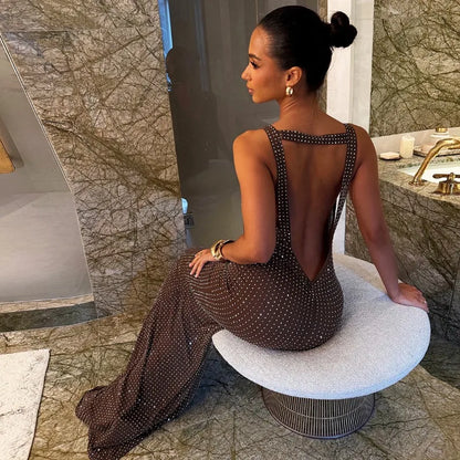 Shiny Rhinestone Deep V Backless Maxi Dresses Sexy Elegant Evening Gown Birthday Dress for Woman 2026