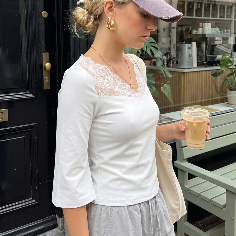 Women Lace V Neck 3 4 Sleeve Crop Top Elegant Spliced Lace Patchwork Slim Fitted Blouse Casual Solid Short Tee Shirt