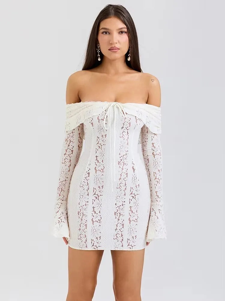 Lace Off-shoulder Sexy Maxi Dress Women Strapless Backless Long Sleeve Bodycon Evening Club Party Long Dress Elegant