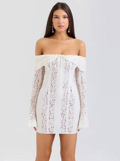 Lace Off-shoulder Sexy Maxi Dress Women Strapless Backless Long Sleeve Bodycon Evening Club Party Long Dress Elegant