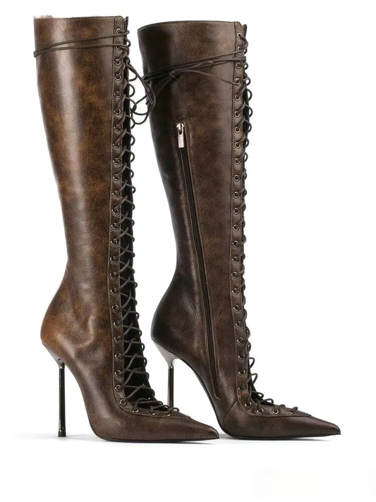 2026Spring/Summer New Lace Up Short Cool Boots Side Zipper Banquet Slimming High Heels Sexy Knee Length Women's Boots