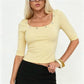 Y2K Women Low U Neck Mid Sleeve Top Decor Buttons Detail Stretchy Bodycon Cropped Tshirt Trendy Going Out Tee