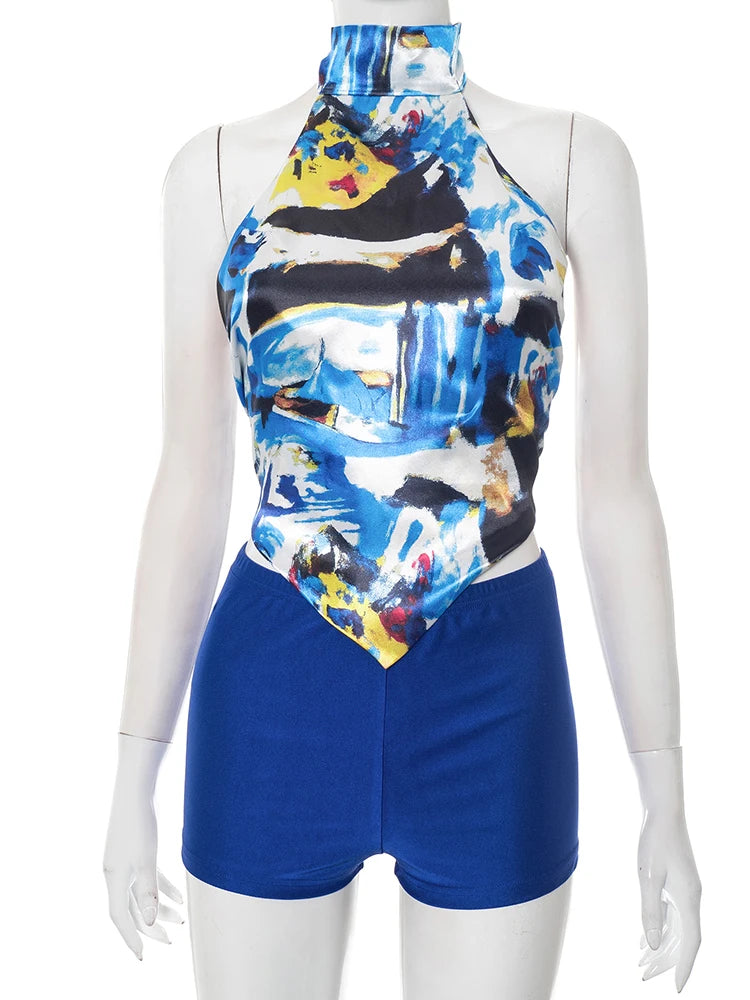 Hipster Women 2 Piece Set Y2K Colorful Print Backless Halter Belly Tops+Shorts Matching Clubwear Summer Sexy Outfits