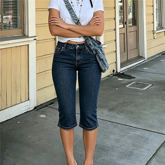 Y2K Vintage Low Waist Denim Capri Pants for Women Slim Fit Knee Length Side Slit Hem Streetwear Aesthetic Casual Jeans
