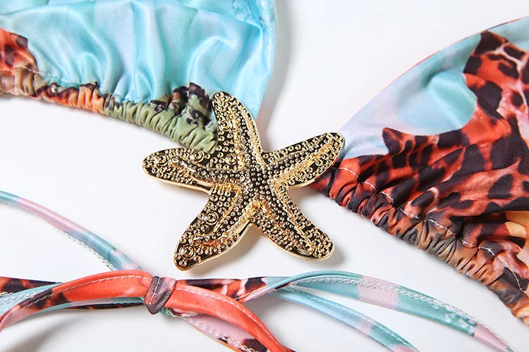 Colorful Print 3Piece Set Women Swimsuit Beach Style Bandage Bra+Briefs+Maxi Skirts Vacation Midnight Club Party Suit