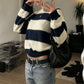Y2K American Street Women Striped Crew Neck Knit Pullover Loose Long Sleeve Sweater Retro Preppy Fall Winter Jumper