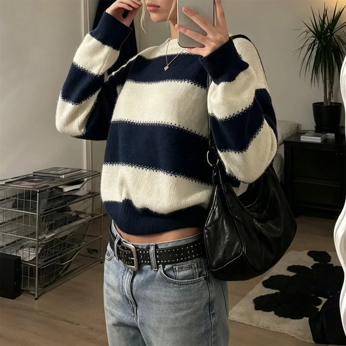 Y2K American Street Women Striped Crew Neck Knit Pullover Loose Long Sleeve Sweater Retro Preppy Fall Winter Jumper