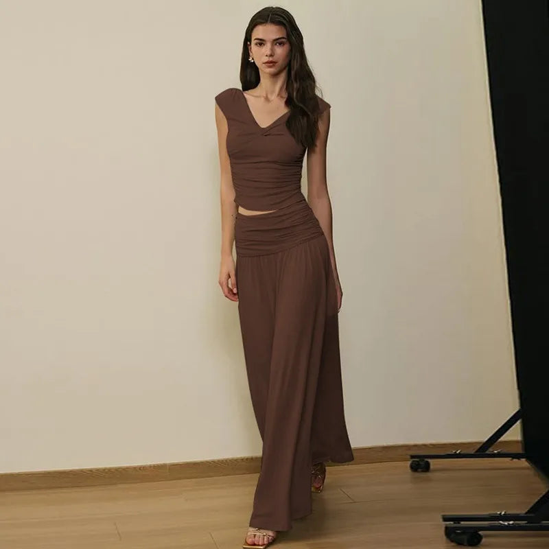 2 Piece Sets Woman Brunch Outfit Twisted V Neck Crop Top and Pleated Long Skirt Matching Sets