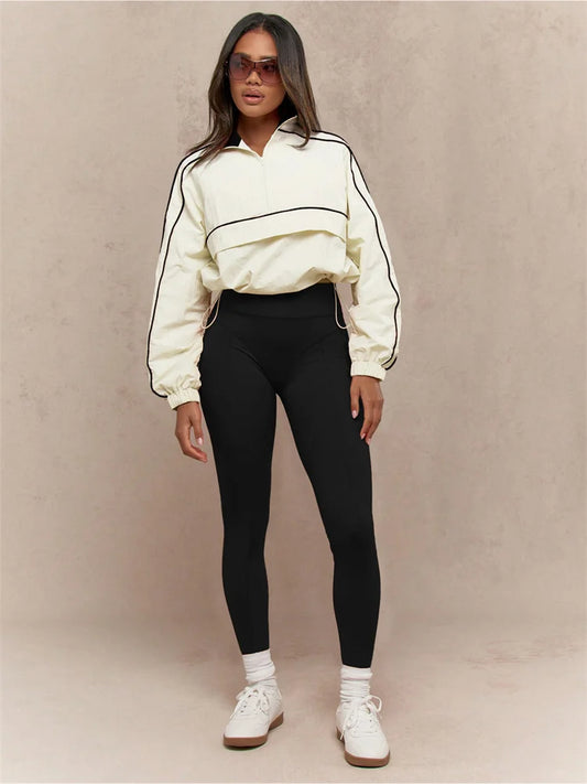 Contrast Patchwork Tracksuit 2 Piece Set Women Polo-Neck Drawstring Wasit Tops+Skinny Leggings Casual Sporty Sets