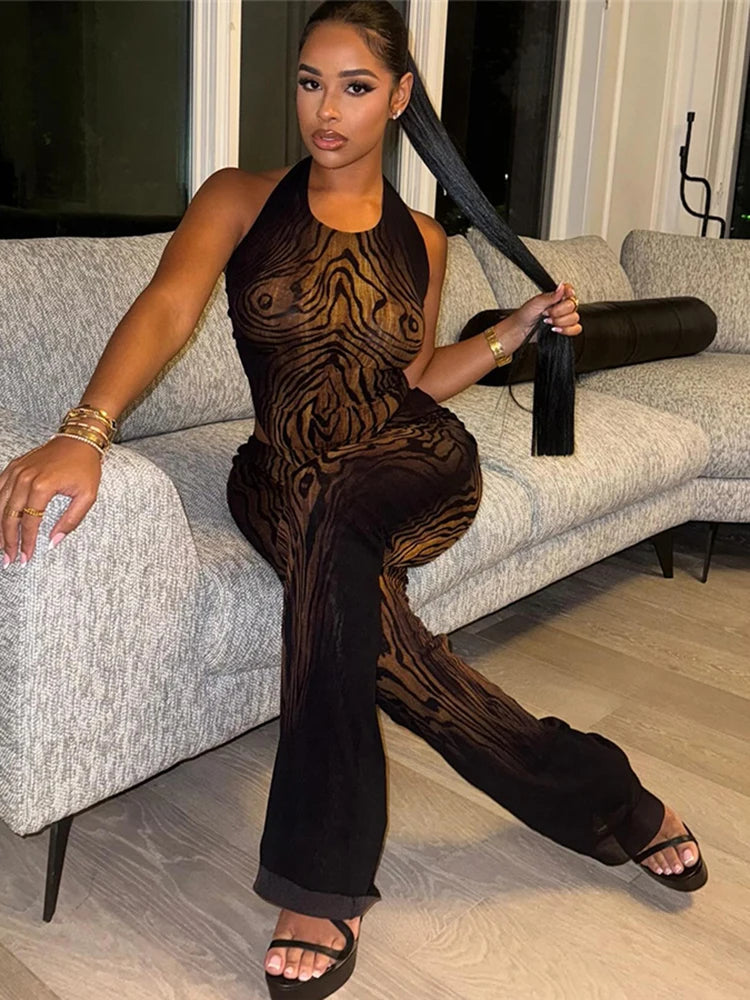 Stripe Print Women 2 Piece Set coquette See Through Hipster Full Sleeve Crop Tops+Straight Pants Matching Clubwear