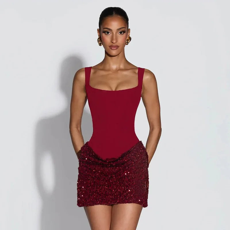 Sleeveless Sequined Mini Dresses Burgundy Black Birthday Dress Luxury Sexy Outfits Woman Club Wear