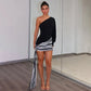 Asymmetrical One-shoulder Mini Dress with Draped Striped Skirt Overlay Fall 2026 Sexy Party Dresses Woman