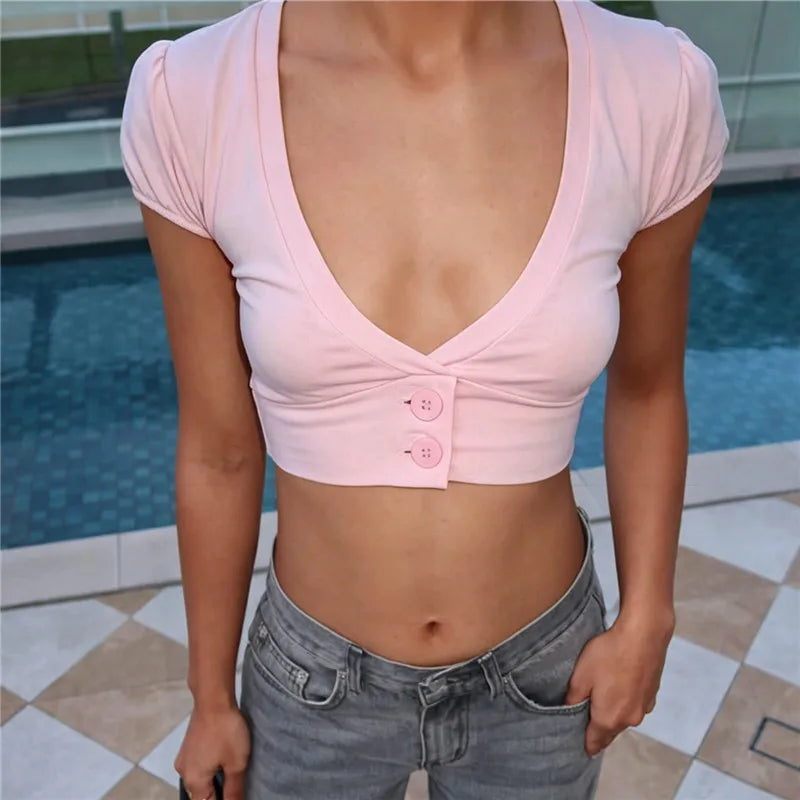 Summer Women Deep V Neck Puff Sleeve Crop Top Button Front Slim Fit Short Cropped T Shirt Casual Solid Streetwear Blouse