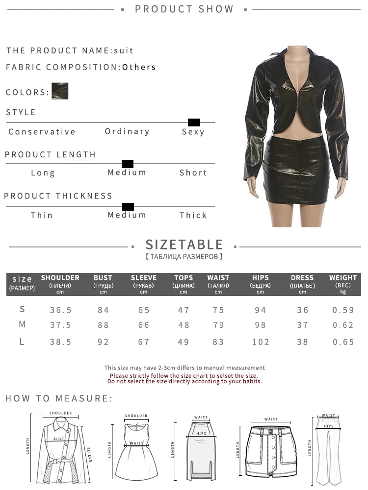 Hottie Leather 2 Piece Set Women Fashion Single-Breasted Low-Neck Full Sleeve Jacket+Mini Peach Hip Skirt Streetwear