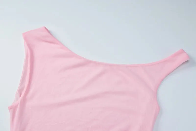 One Shoulder Fishtail Maxi Dress for Woman Elegant See Through Mesh Patchwork Pink Party Dresses