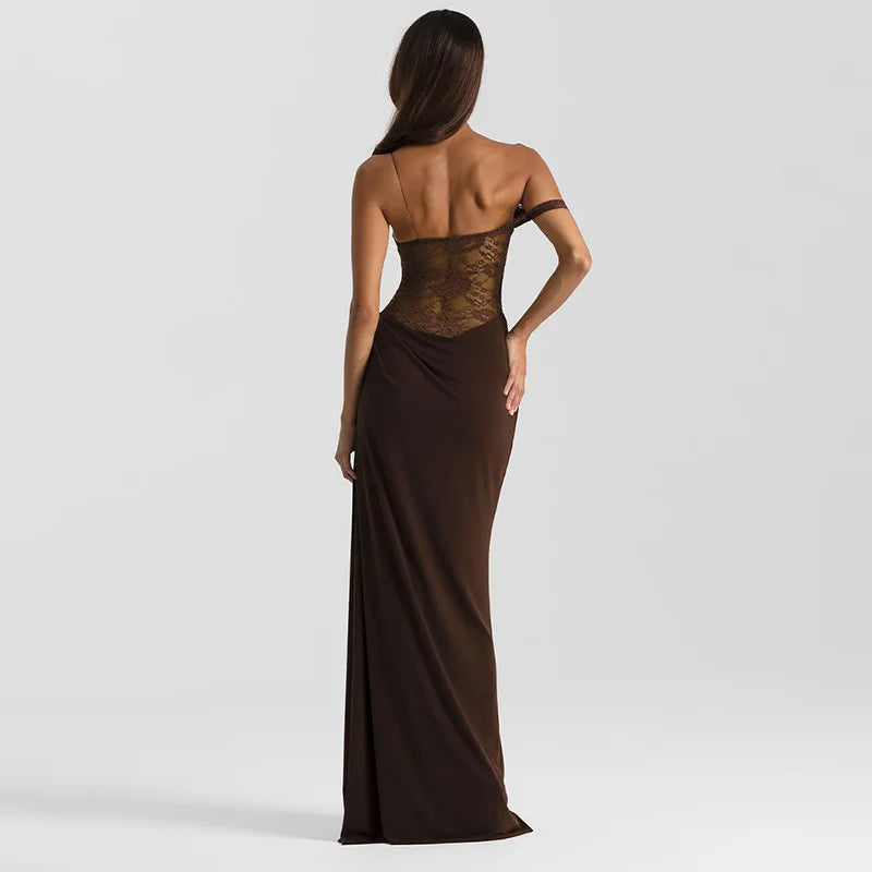 See Through Lace Spliced One Shoulder High Split Maxi Dress European Style Clothes Woman Sexy Party Dresses