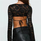 Women's Lace See Through Backless T Shirt Tops High Street Solid Color Long Sleeve Boat Neck Slim Fit Shirts Blouse