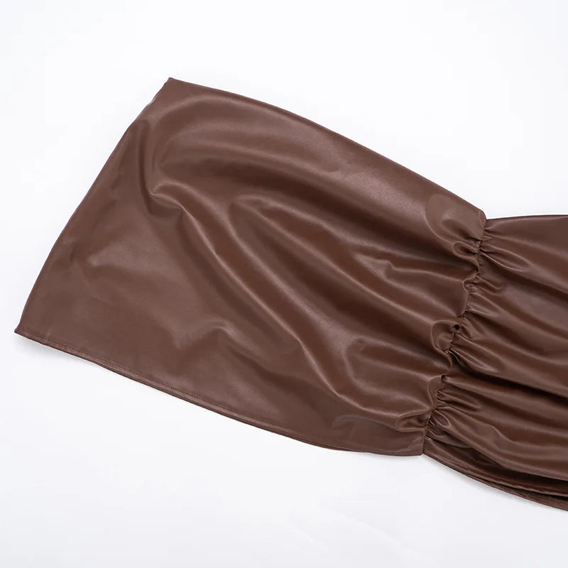 Brown Asymmetrical 2 Piece Pu Leather Skirt Set Woman Fashion Sexy Club Outfits Matching Sets