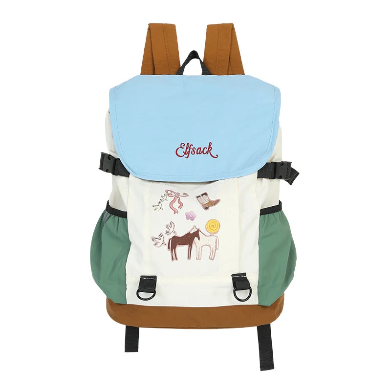 Color‑Block Lightweight Drawstring Backpack with Cartoon Animal Print, Casual Daypack for Outdoor Travel