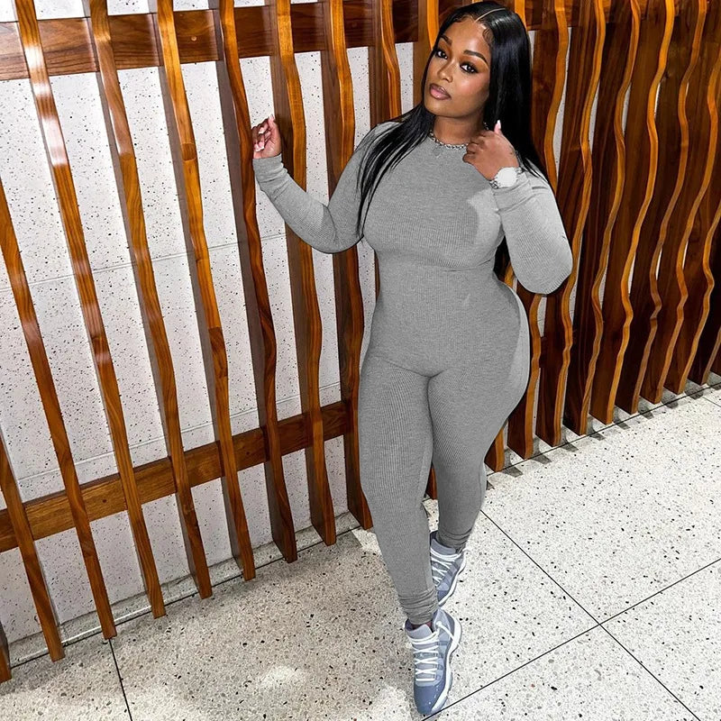 Baddie Fall Winter Jumpsuit Women 2023 One Piece Outfits Sport Ribbed Knit Gray Black Long Sleeve Jumpsuits