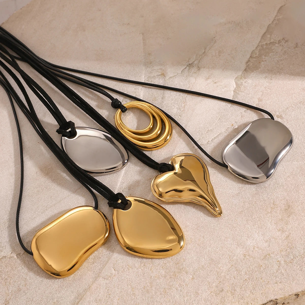 Minimalism Glossy Shine Stainless Steel Irregular Geometric Metal Wax Rope Necklace For Women Waterproof Jewelry