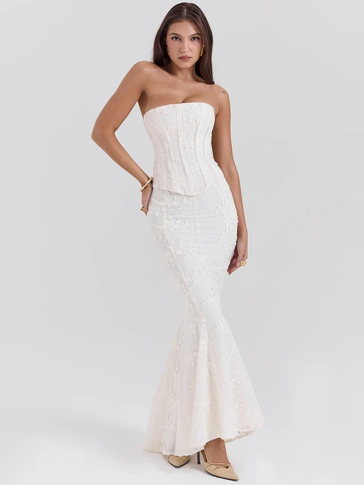 Strapless Sexy Two Piece Set Women White Off-shoulder Lace-up Crop Tops And Maxi Skirt Matching Sets Female Dress Set