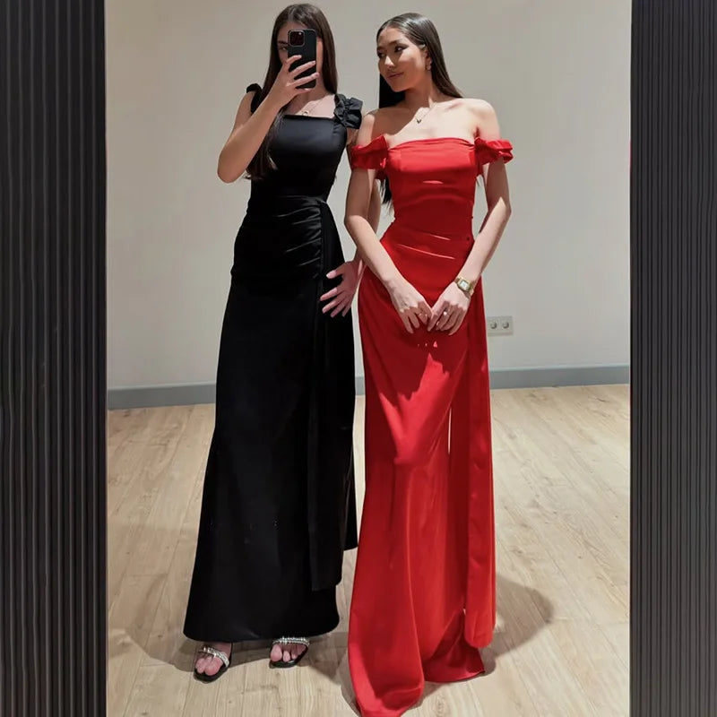 Elegant Satin Off Shoulder Long Maxi Dresses 2025 Woman Graduation Dresses Evening Party Gown Red Black