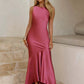 Elegant Satin Backless Sexy Maxi Dress Women Fashion Sleeveless Backless Pleated Bodycon Club Party Long Dresses