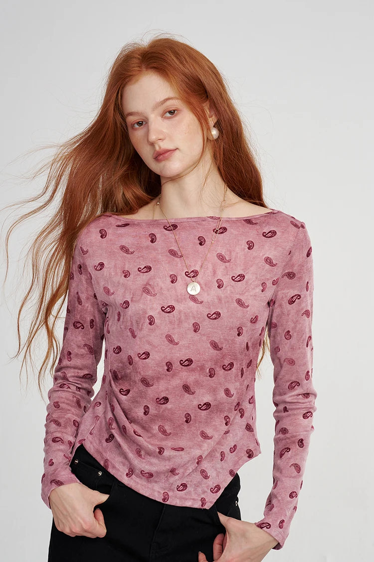 Women's Vintage Long Sleeve Top with Paisley Print, Asymmetrical Casual Tee for Everyday, Chic Cozy Pullover Top