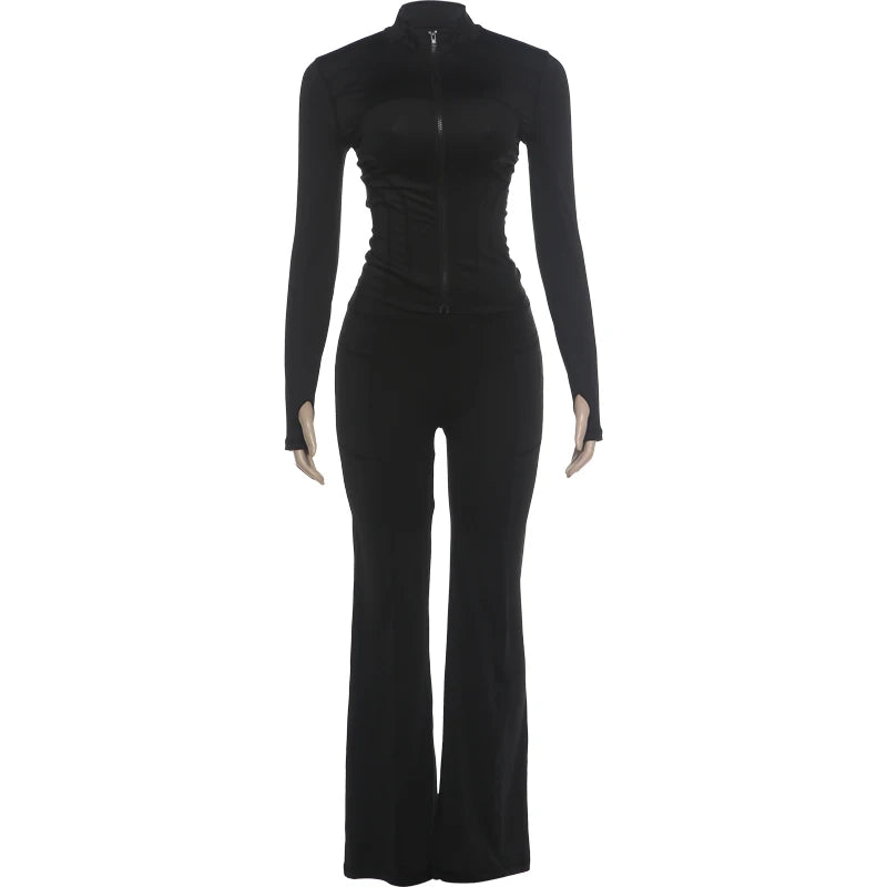Line Patchwork 2 Piece Set Women Casuals Trend Zip Patchwork Full Sleeve Jacket+Flare Pants Chic Street Sporty Suits