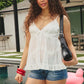 Sexy Sweet Babydoll Cami Top V Neck Lace Trim Spaghetti Strap Ruffle Hem Flowy Blouse Date Night Elegant Summer Outfits