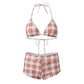 Women's 2 Piece Bikini Set Fashion Plaid Print Sleeveless Halter Neck Triangle Tops and Low Waist Boyshorts Bathing Suit
