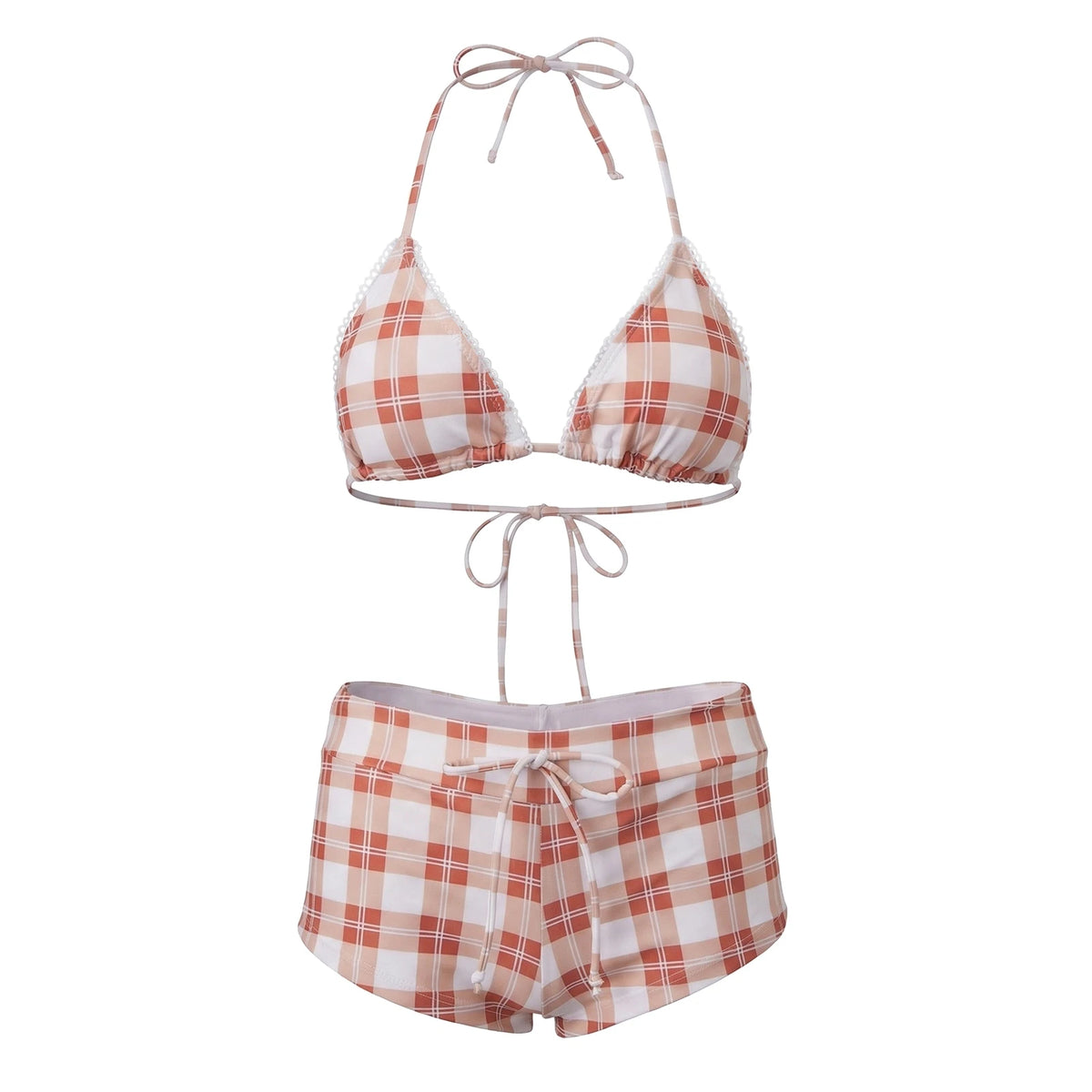 Women's 2 Piece Bikini Set Fashion Plaid Print Sleeveless Halter Neck Triangle Tops and Low Waist Boyshorts Bathing Suit