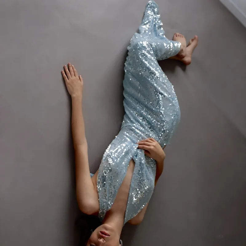 Blue Sequined Glitter Party Dresses for Woman Elegant Cowl Neck Open Back Long Wedding Guest Dress
