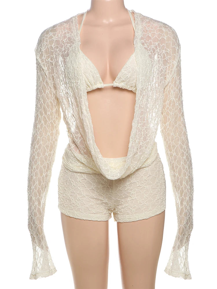 Sexy See Through 3 Piece Set Women Halter Bra+Swing Collar Flared Sleeve T-Shirts+Skinny Shorts Fashion Elegant Set