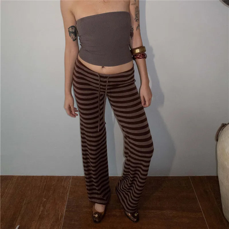 Y2k Striped Pants Fairy Coquette Low Waist Lounge Sweatpants Preppy Teen Girl Vintage Long Trousers Streetwear