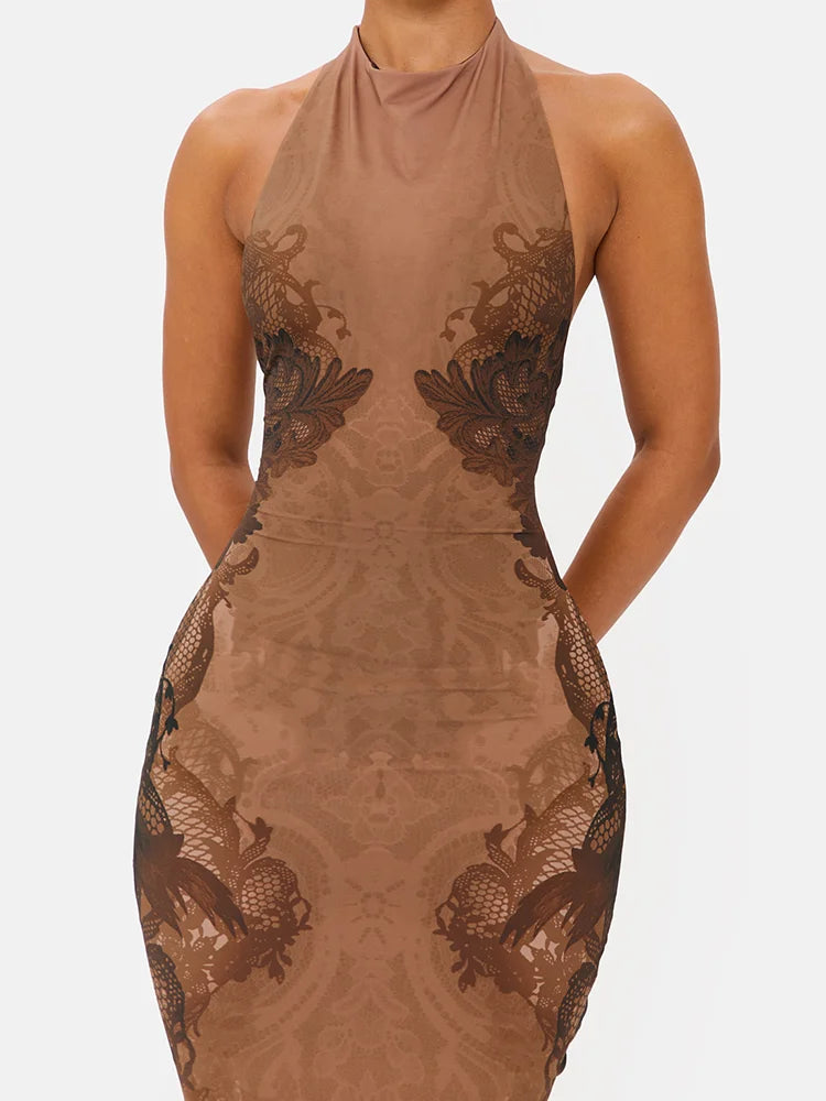 Lace Halter Backless Sexy Maxi Dress Women Elegant Floral Print Sleeveless Bodycon Club Party Long Dresses Female