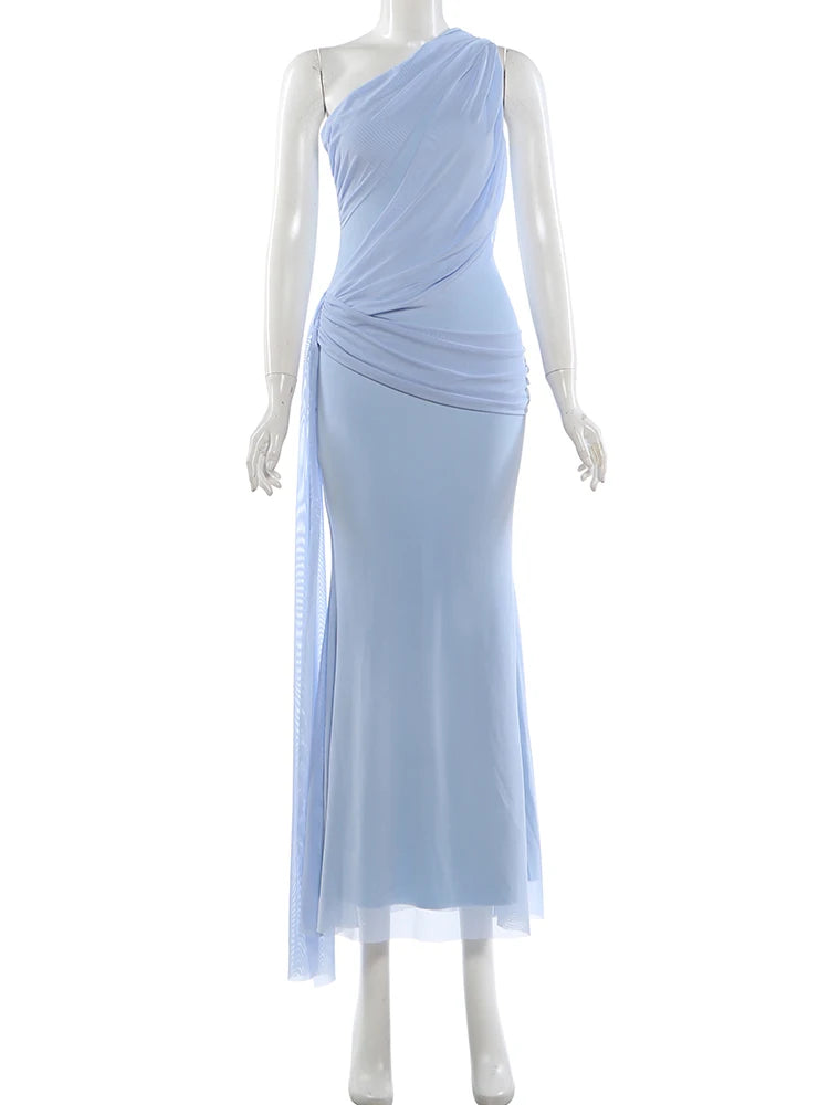 Vacation Chic Maxi Dress Women Mesh Tassel Slanted Shoulder Folds Solid Elegant Birthday Party Summer Fashion Vestidos