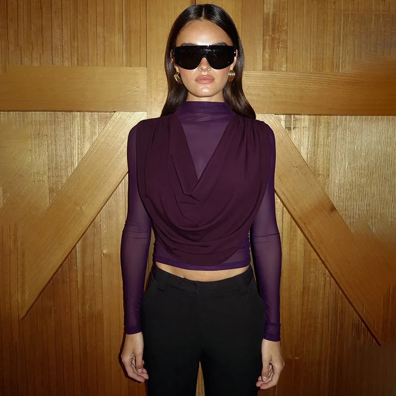 Sexy Crop Top with Draped Cowl Neck and Sheer Mesh Long Sleeves Black Purple Shirts for Woman Fall 2026