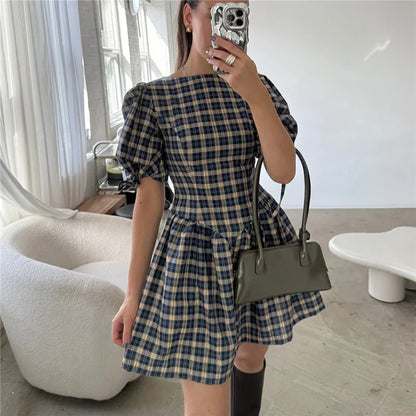 Women's Y2K Plaid Mini Dress Round Neck Puff Sleeve Bow Tie Cuffs A-Line Flared Skirt Casual Vintage Summer Dress