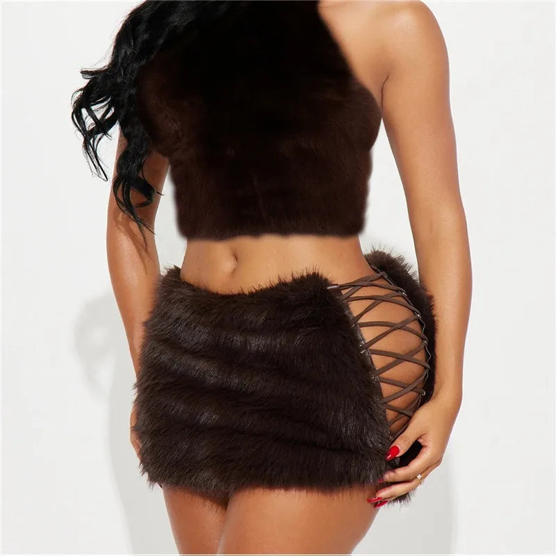 Furry Mini Skirts Women Tie Side High Street Sexy Midnight Hottie Fashion Wild Party Simple Classic Autumn Winter Bottom