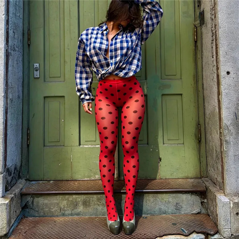 Women Semi Sheer Mesh Printed Tights Footed Pantyhose High Waist Seamless Patterned Stockings Y2K Street Party Hosiery