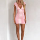 Women Deep V Neck Cap Sleeve Bodycon Sexy Mini Dress Elegant Pink Patchwork Ruched Short Dress Nightclub Party Outfit