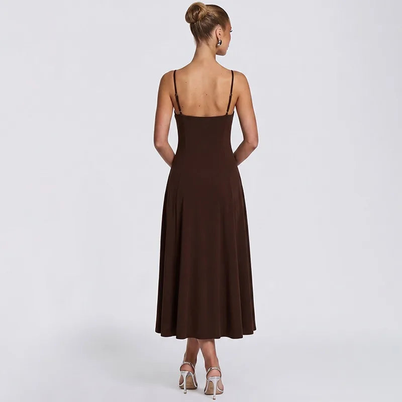 Spaghetti Strap A-line Midi Dress with Draped Neckline Elegant Brown Dresses for Woman 2026