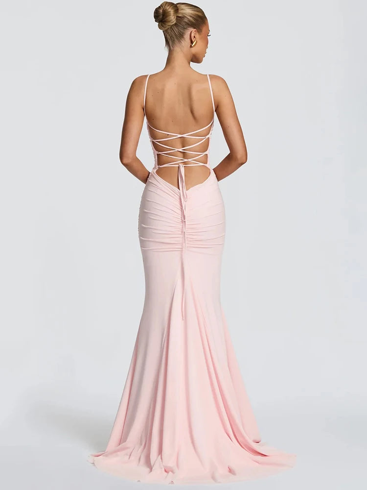 Spaghetti Strap Backless Sexy Maxi Dress Women Elegant Square Collar Sleeveless Bodycon Club Party Mermaid Long Dress